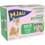 Mjau multibox kissanpennuille – 12 annospussia lihan ja kalan makuisia paloja kastikkeessa