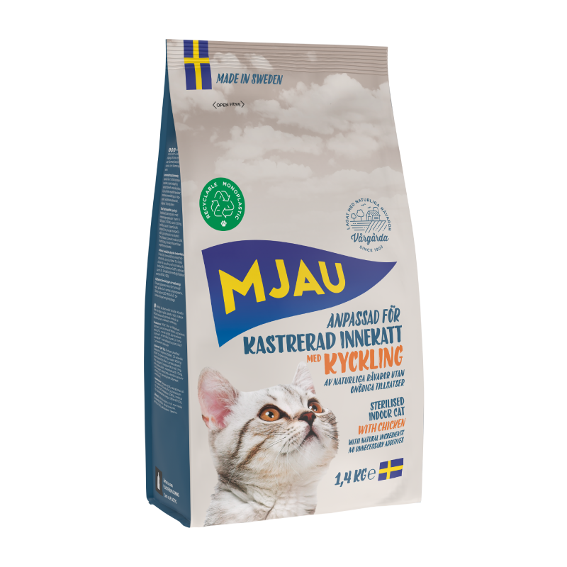 Mjau kastrerad innekatt kyckling, torrfoder