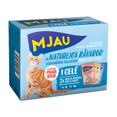 Mjau multibox – 12 portionspåsar bitar i gelé med fisk- och köttsmak