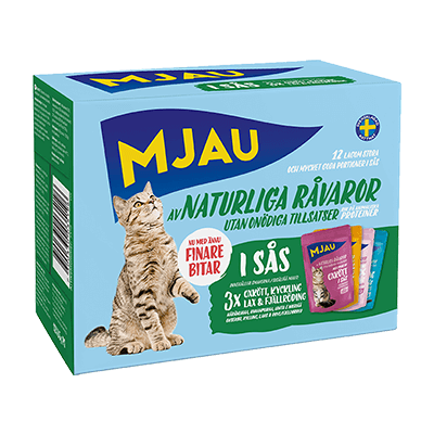 Mjau multibox – 12 portionspåsar bitar i sås med fisk- och köttsmak
