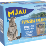 Mjau multibox svenska smaker – 12 portionspåsar bitar i gelé med fisk- och köttsmak