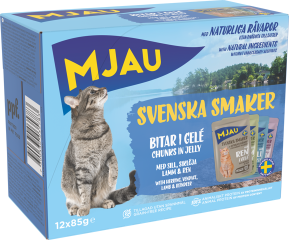 Mjau multibox svenska smaker – 12 portionspåsar bitar i gelé med fisk- och köttsmak