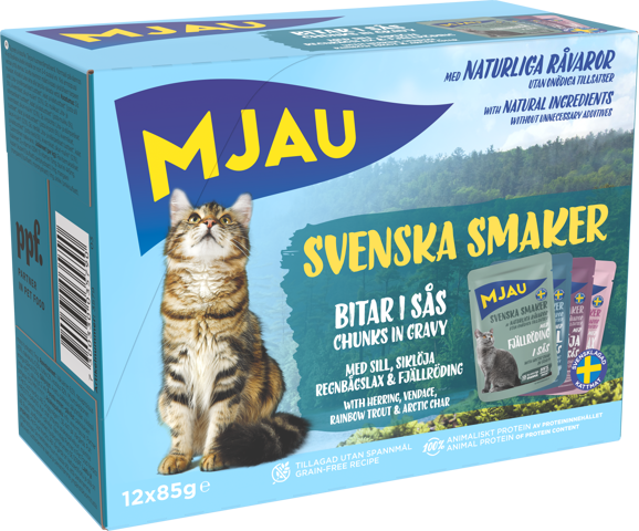 Mjau multibox svenska smaker – 12 portionspåsar bitar i sås med fisksmak