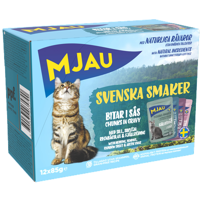 Mjau multibox svenska smaker – 12 portionspåsar bitar i sås med fisksmak