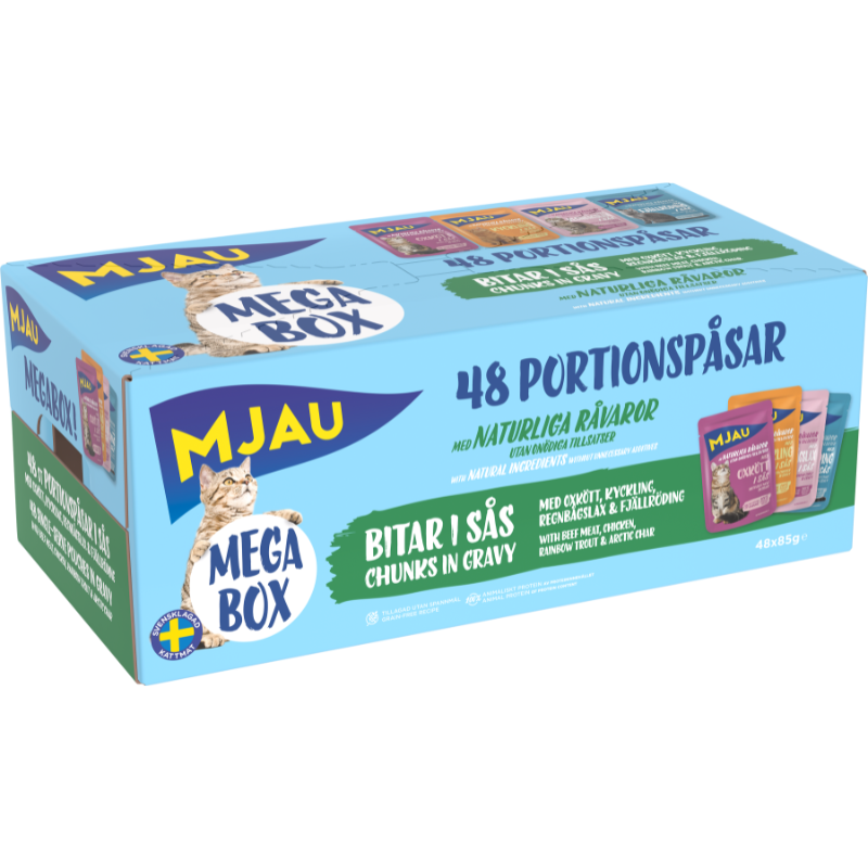 Mjau Megabox – 48 portionspåsar bitar i sås med fisk- och köttsmak