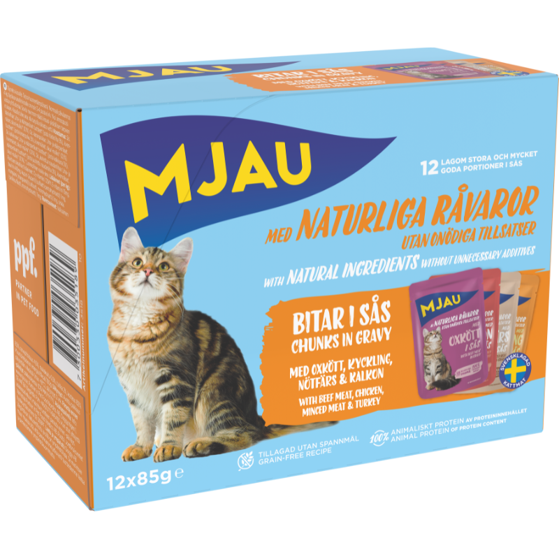 Mjau multibox – 12 portionspåsar bitar i sås med köttsmak