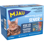 Mjau multibox Senior – 12 portionspåsar bitar i sås med fisk- och köttsmak