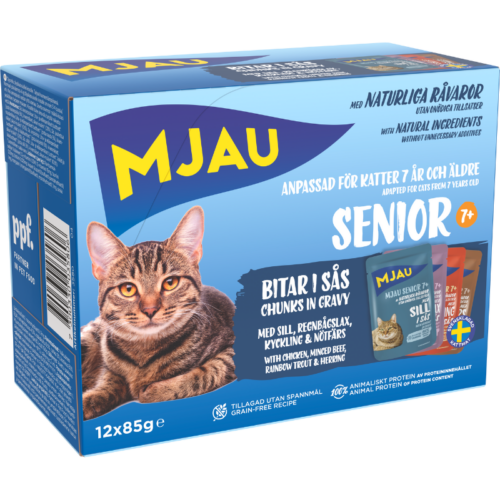 Mjau multibox Senior – 12 portionspåsar bitar i sås med fisk- och köttsmak
