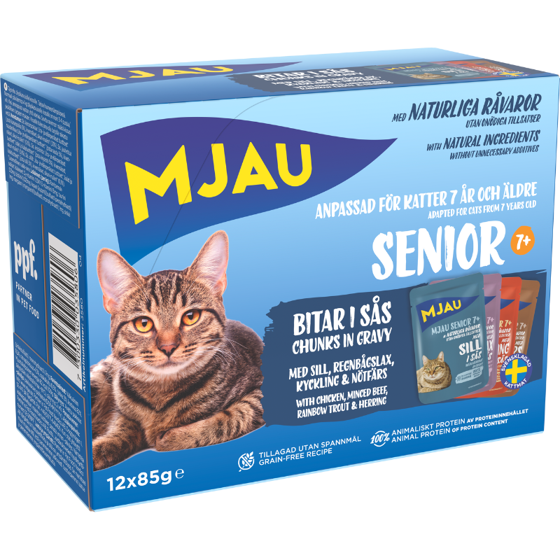 Mjau multibox Senior – 12 portionspåsar bitar i sås med fisk- och köttsmak