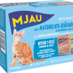 Mjau multibox – 12 portionspåsar bitar i gelé med fisk- och köttsmak