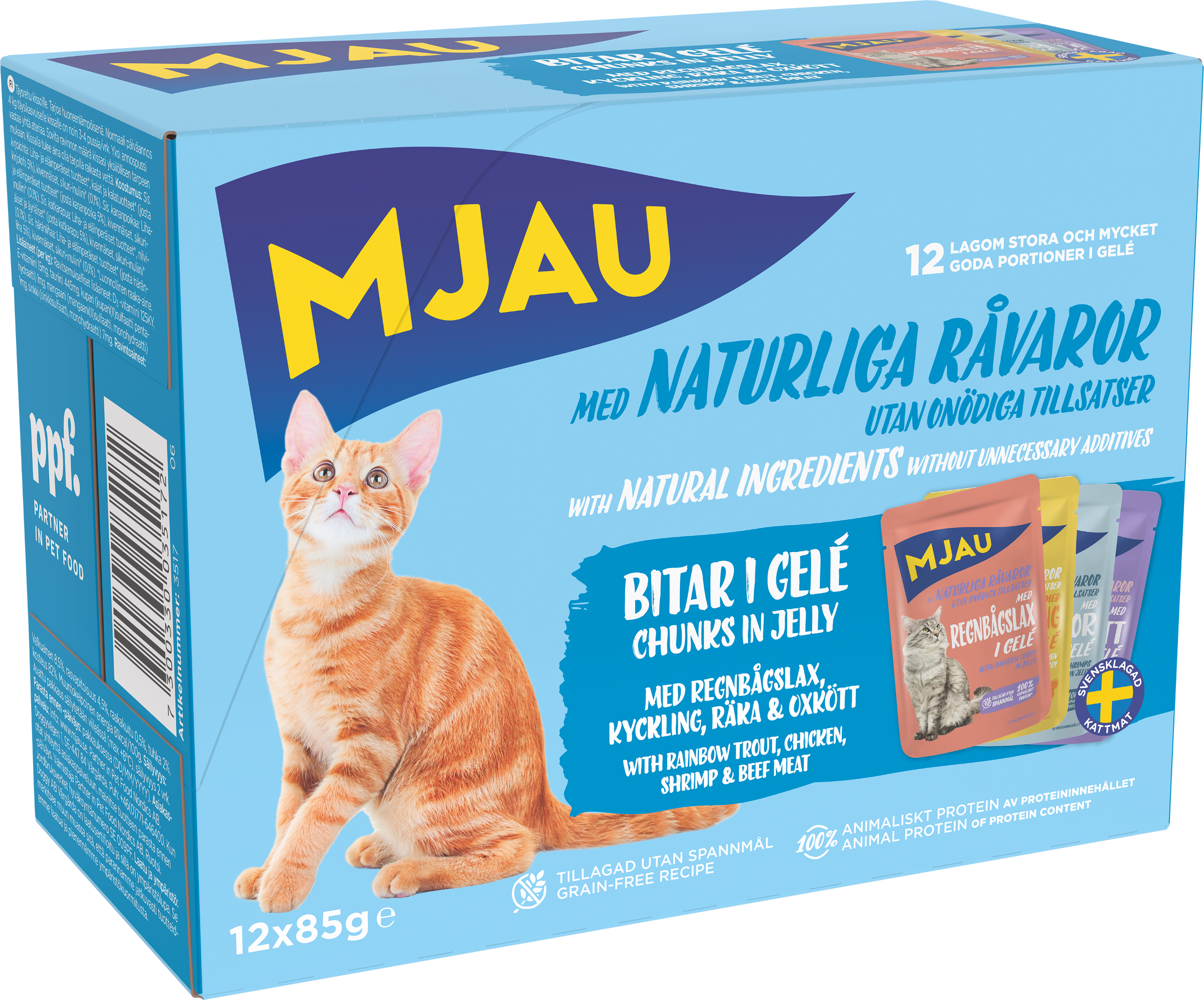Mjau multibox – 12 portionspåsar bitar i gelé med fisk- och köttsmak
