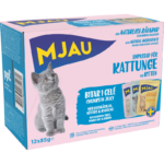 Mjau multibox kattunge – 12 portionspåsar bitar i gelé med fisk- och köttsmak