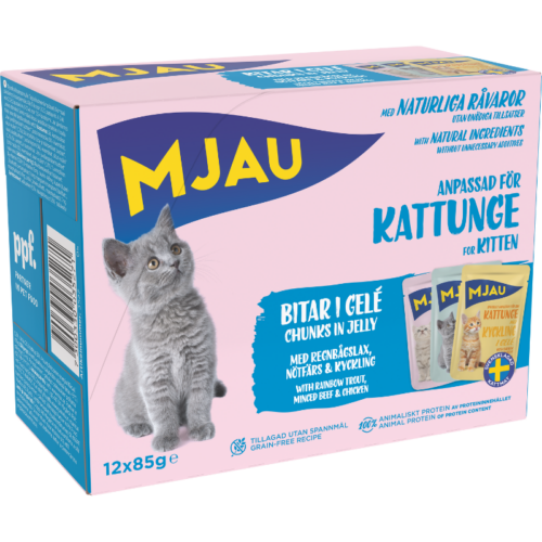 Mjau multibox kattunge – 12 portionspåsar bitar i gelé med fisk- och köttsmak