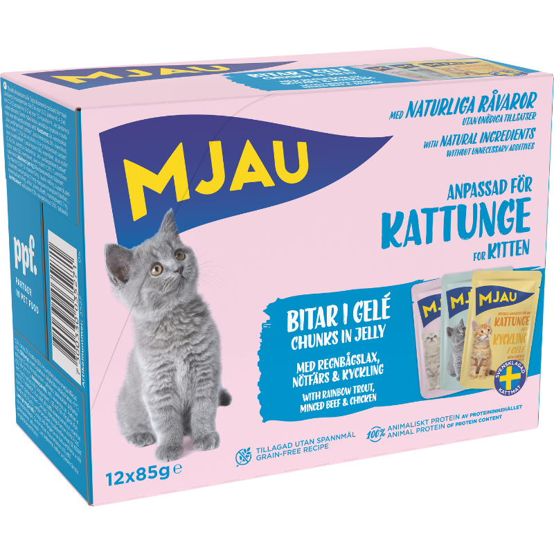 Mjau multibox kattunge – 12 portionspåsar bitar i gelé med fisk- och köttsmak