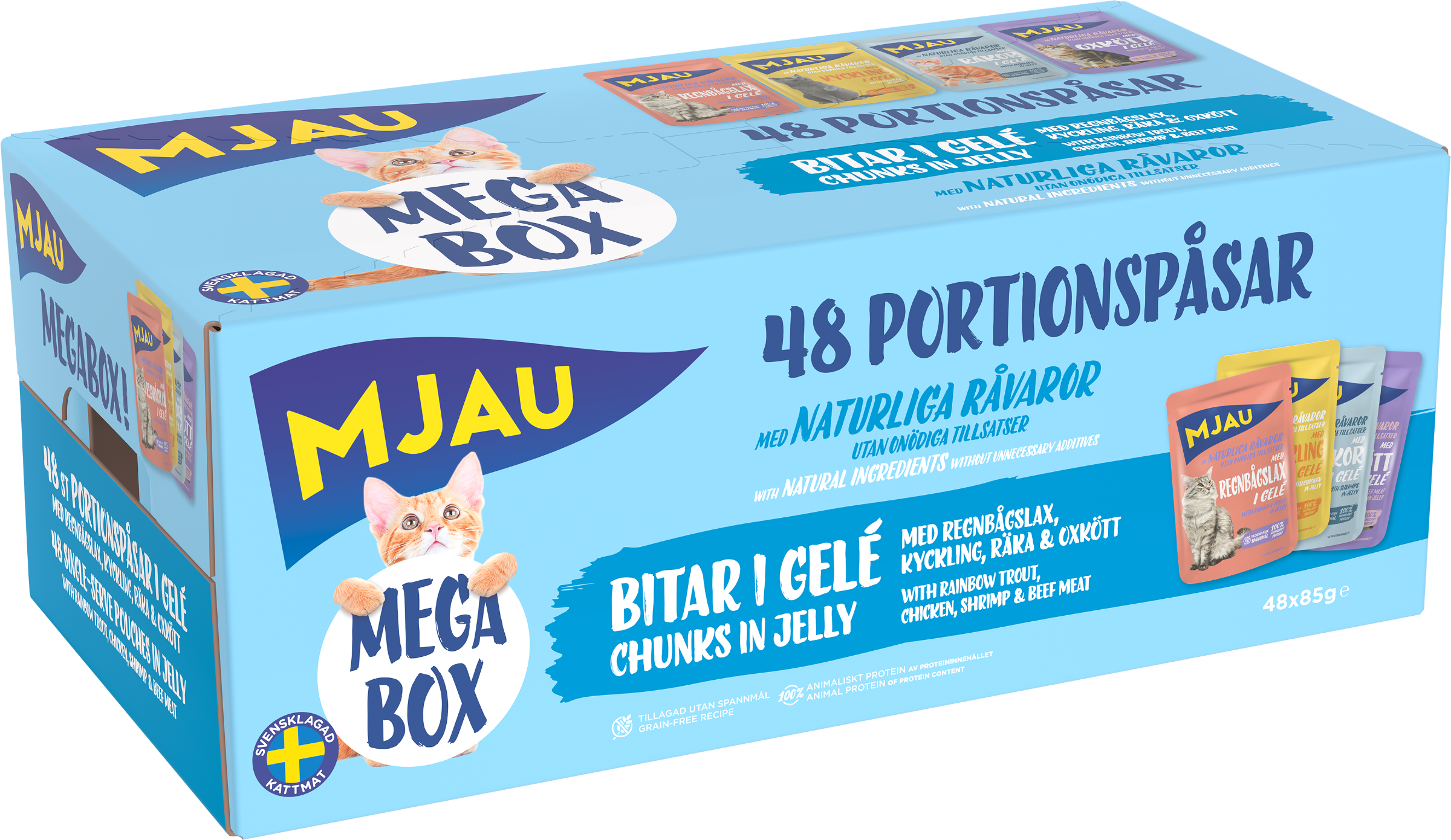 Mjau megabox – 48 portionspåsar bitar i gelé med fisk- och köttsmak