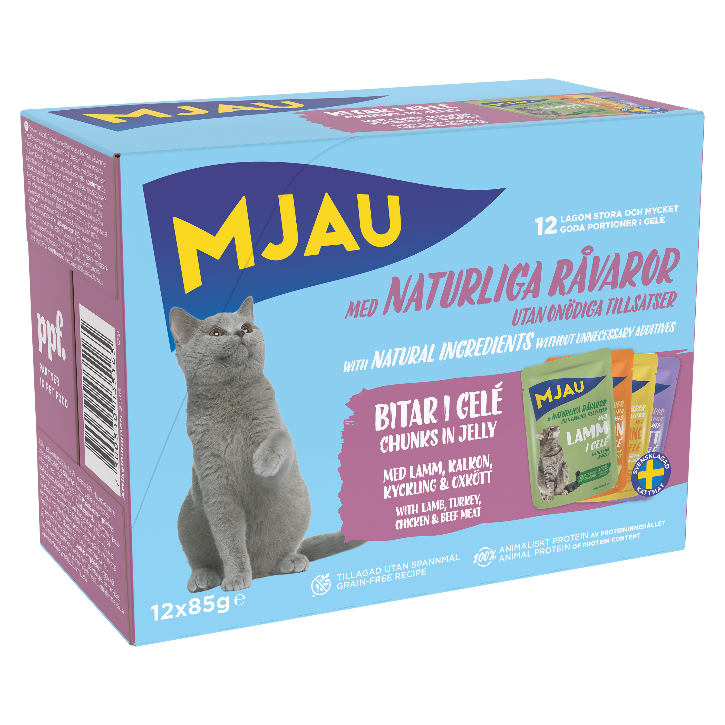 Mjau multibox – 12 portionspåsar bitar i gelé med köttsmak