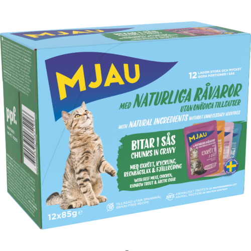 Mjau multibox – 12 portionspåsar bitar i sås med fisk- och köttsmak