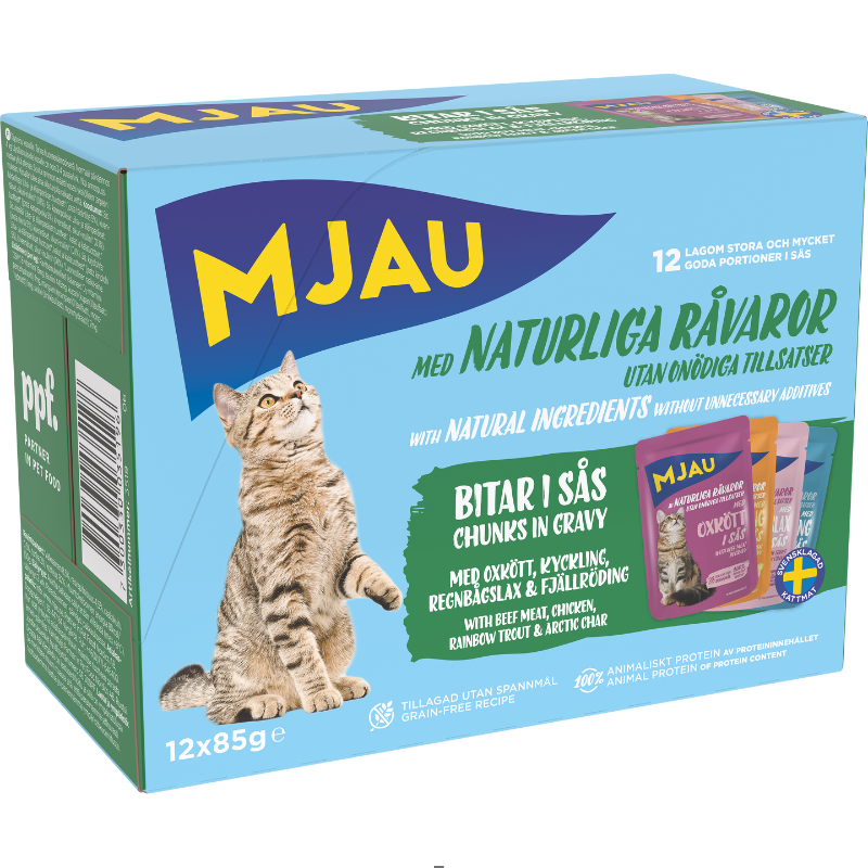 Mjau multibox – 12 portionspåsar bitar i sås med fisk- och köttsmak