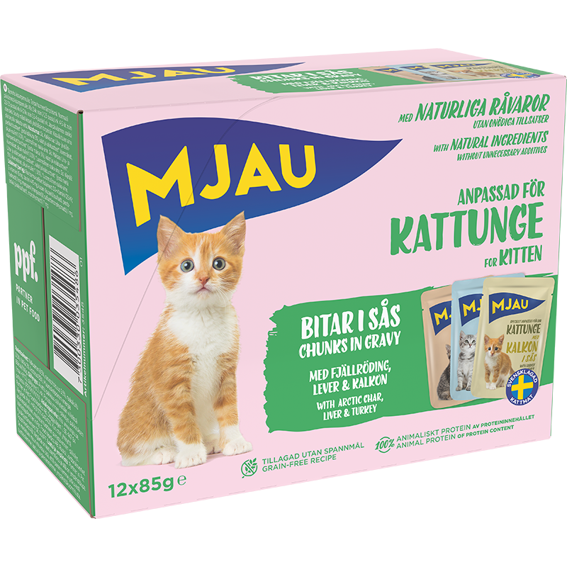 Mjau multibox kattunge – 12 portionspåsar bitar i sås med fisk- och köttsmak